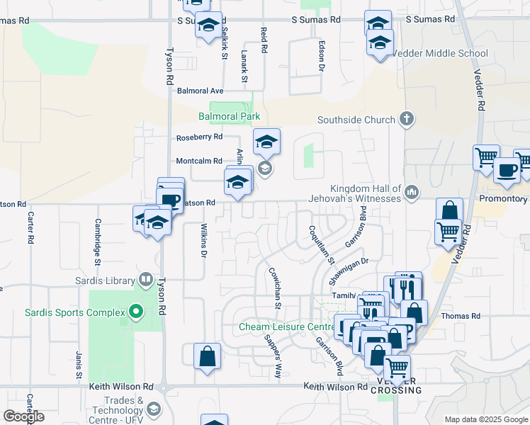 map of restaurants, bars, coffee shops, grocery stores, and more near 45296 Watson Road in Chilliwack