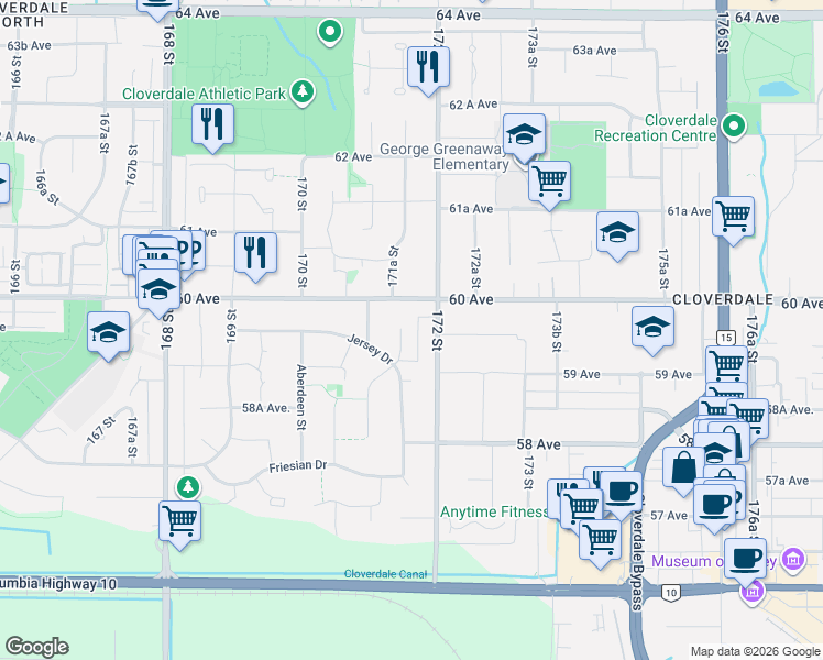 map of restaurants, bars, coffee shops, grocery stores, and more near 5959 172 Street in Surrey