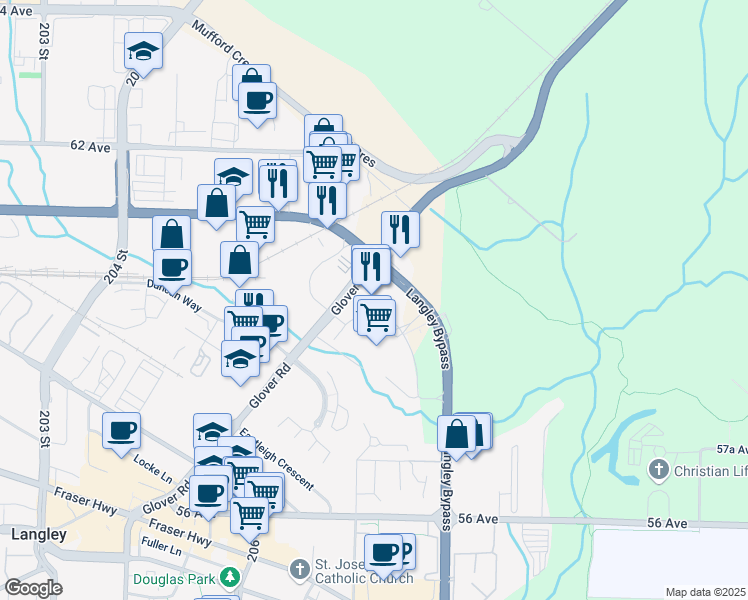 map of restaurants, bars, coffee shops, grocery stores, and more near 374 Glover Road in Langley City