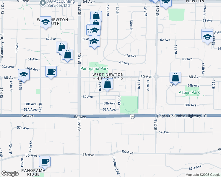 map of restaurants, bars, coffee shops, grocery stores, and more near 5935 129B Street in Surrey