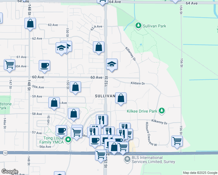 map of restaurants, bars, coffee shops, grocery stores, and more near 5918 Kildare Place in Surrey