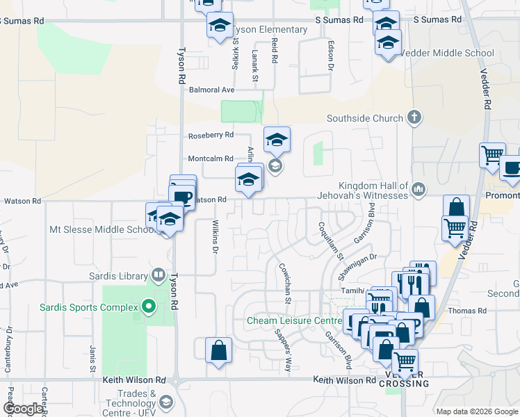 map of restaurants, bars, coffee shops, grocery stores, and more near 45279 Watson Road in Chilliwack