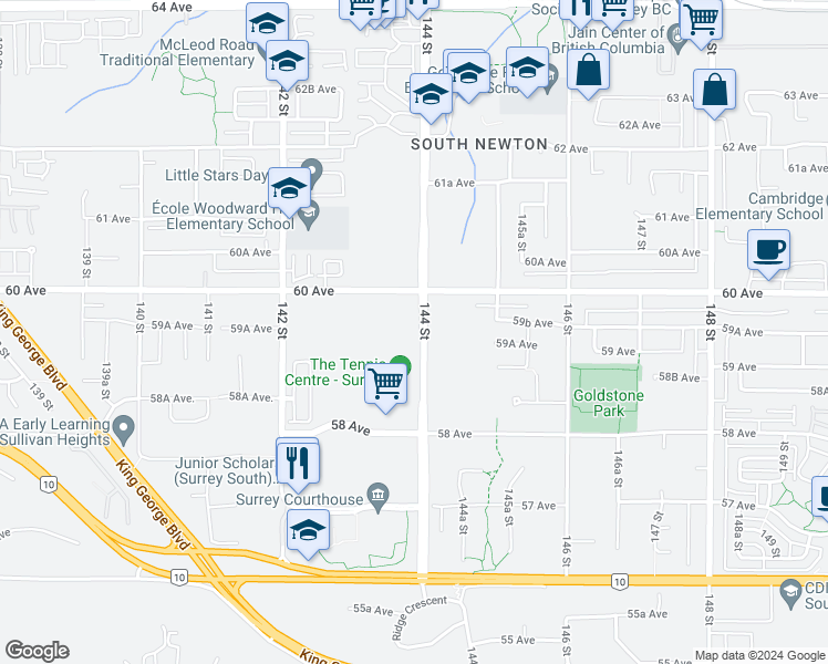 map of restaurants, bars, coffee shops, grocery stores, and more near 5937 144 Street in Surrey