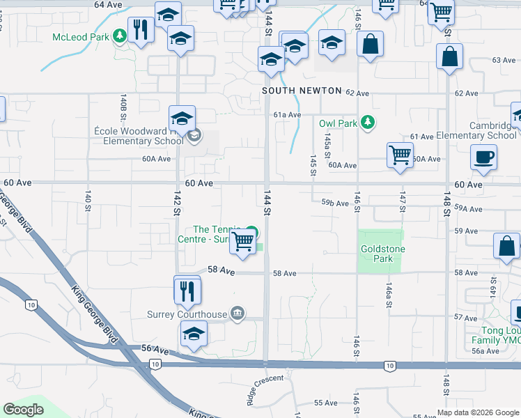 map of restaurants, bars, coffee shops, grocery stores, and more near 5937 144 Street in Surrey