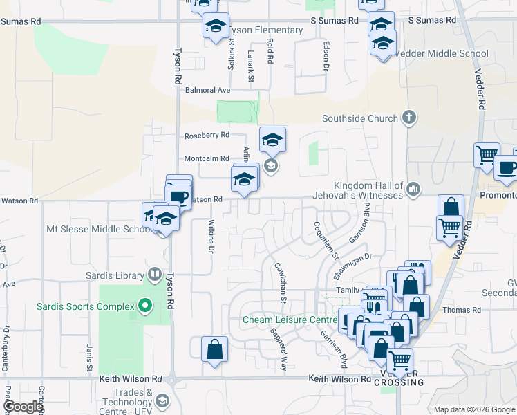 map of restaurants, bars, coffee shops, grocery stores, and more near 45279 Watson Road in Chilliwack