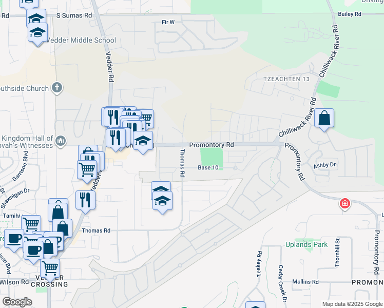 map of restaurants, bars, coffee shops, grocery stores, and more near 46180 Thomas Road in Chilliwack