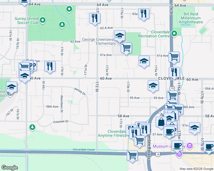 map of restaurants, bars, coffee shops, grocery stores, and more near 17245 59A Avenue in Surrey