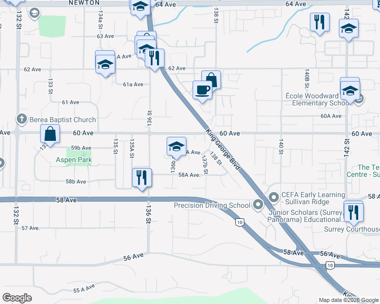 map of restaurants, bars, coffee shops, grocery stores, and more near 13761 59A Ave in Surrey