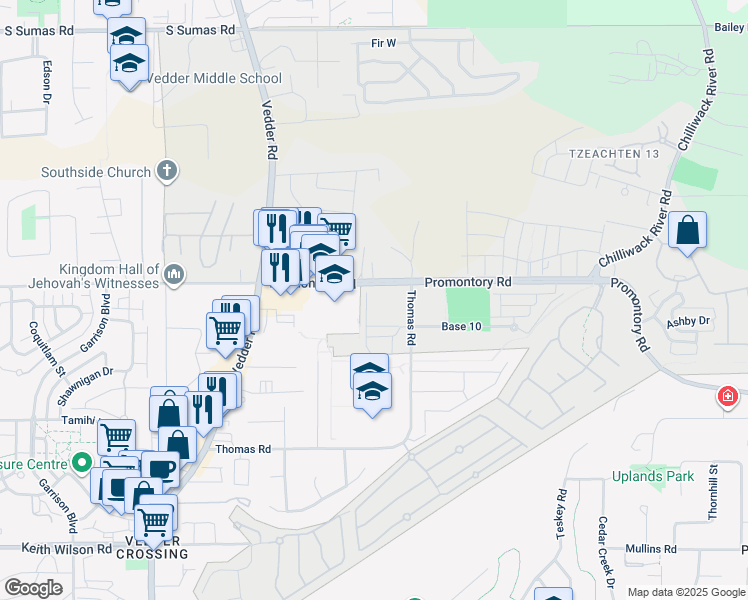 map of restaurants, bars, coffee shops, grocery stores, and more near 45940 Promontory Road in Chilliwack