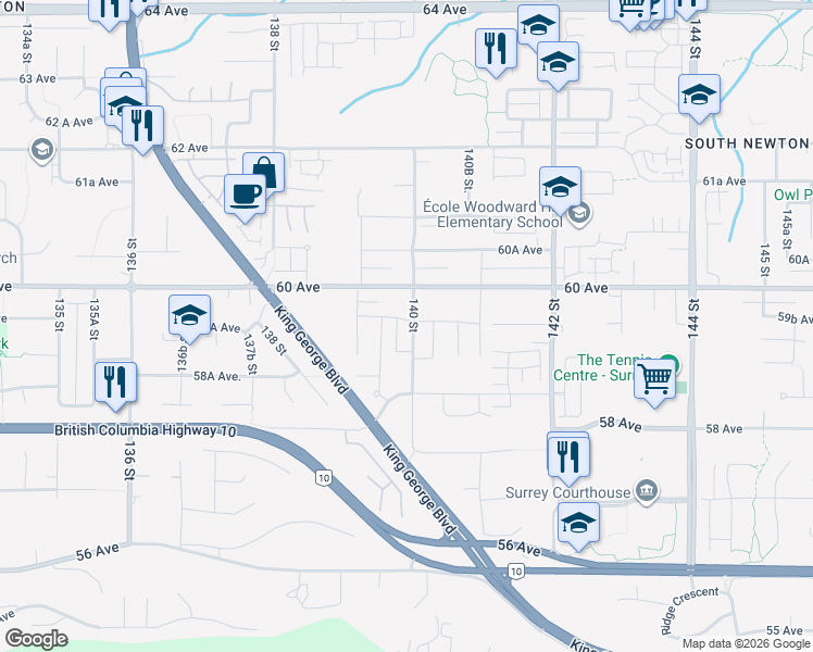 map of restaurants, bars, coffee shops, grocery stores, and more near 5945 140 Street in Surrey