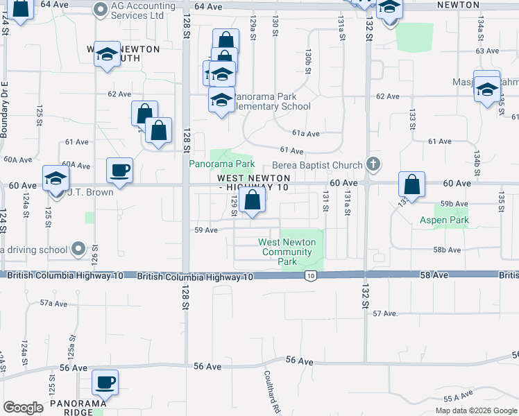 map of restaurants, bars, coffee shops, grocery stores, and more near 5941 129B Street in Surrey