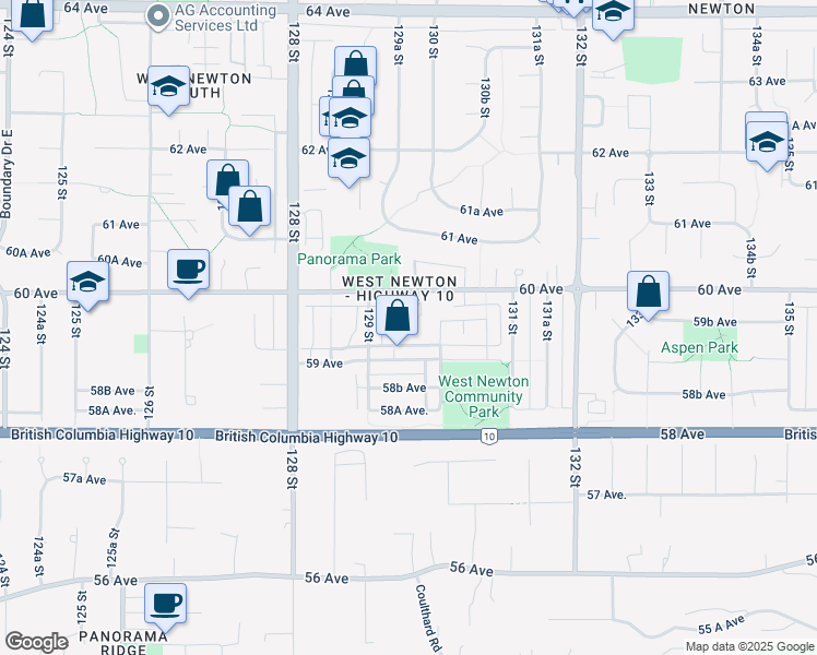 map of restaurants, bars, coffee shops, grocery stores, and more near 5941 129B Street in Surrey