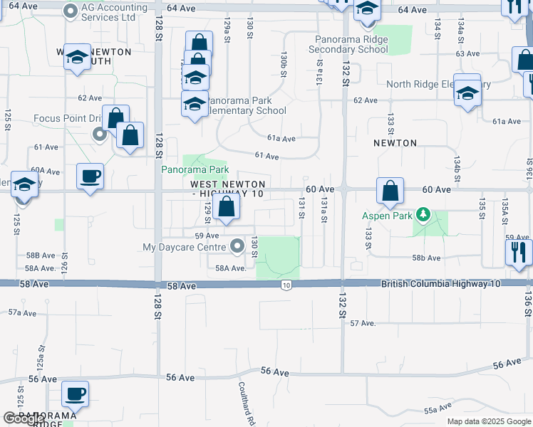 map of restaurants, bars, coffee shops, grocery stores, and more near 5945 130A Street in Surrey