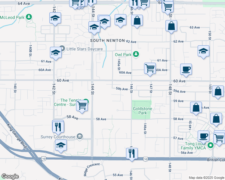 map of restaurants, bars, coffee shops, grocery stores, and more near 14502 59B Avenue in Surrey