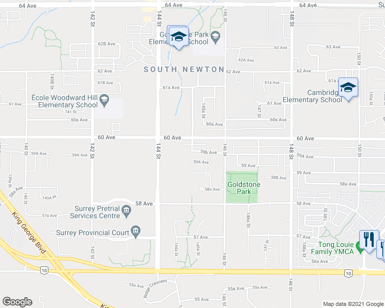map of restaurants, bars, coffee shops, grocery stores, and more near 14502 59B Avenue in Surrey