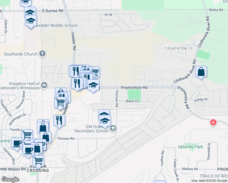 map of restaurants, bars, coffee shops, grocery stores, and more near 46195 Thomas Road in Chilliwack