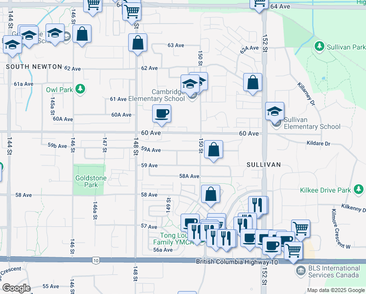 map of restaurants, bars, coffee shops, grocery stores, and more near 14955 59A Avenue in Surrey