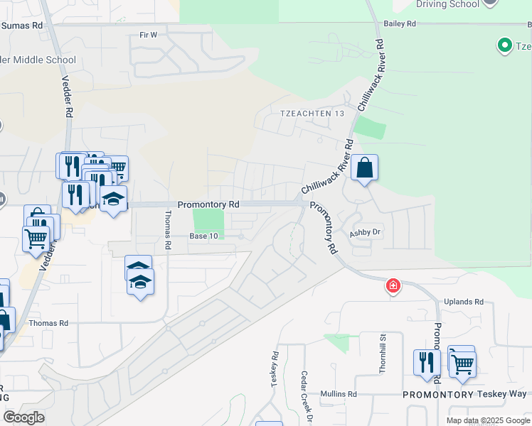 map of restaurants, bars, coffee shops, grocery stores, and more near 46208 Promontory Road in Chilliwack