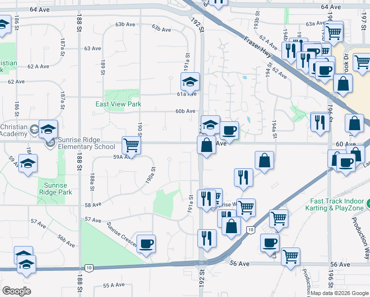 map of restaurants, bars, coffee shops, grocery stores, and more near 19157 59A Avenue in Surrey