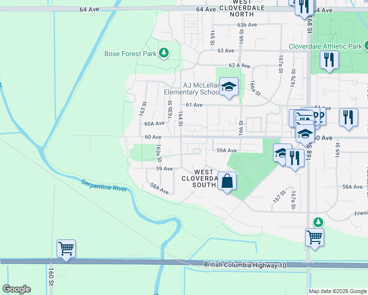 map of restaurants, bars, coffee shops, grocery stores, and more near 5970 164 Street in Surrey