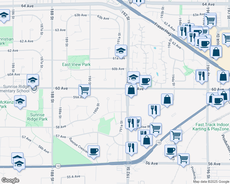 map of restaurants, bars, coffee shops, grocery stores, and more near 19135 59A Avenue in Surrey