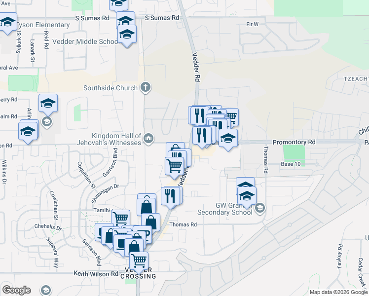 map of restaurants, bars, coffee shops, grocery stores, and more near 5973 Vedder Road in Chilliwack