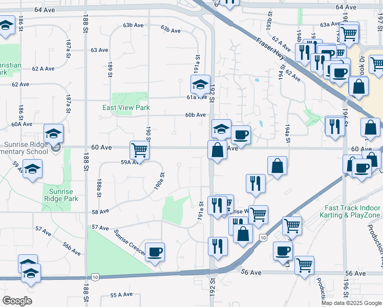 map of restaurants, bars, coffee shops, grocery stores, and more near 19135 59A Avenue in Surrey