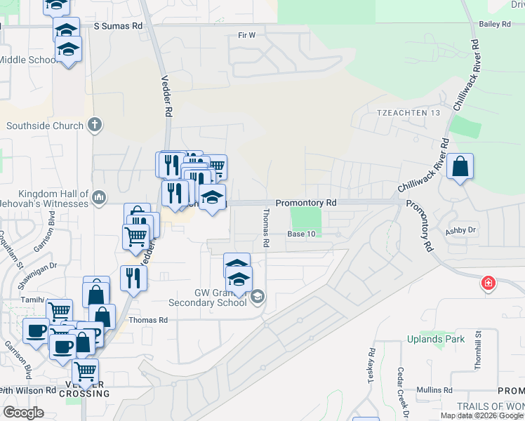 map of restaurants, bars, coffee shops, grocery stores, and more near 46195 Thomas Road in Chilliwack