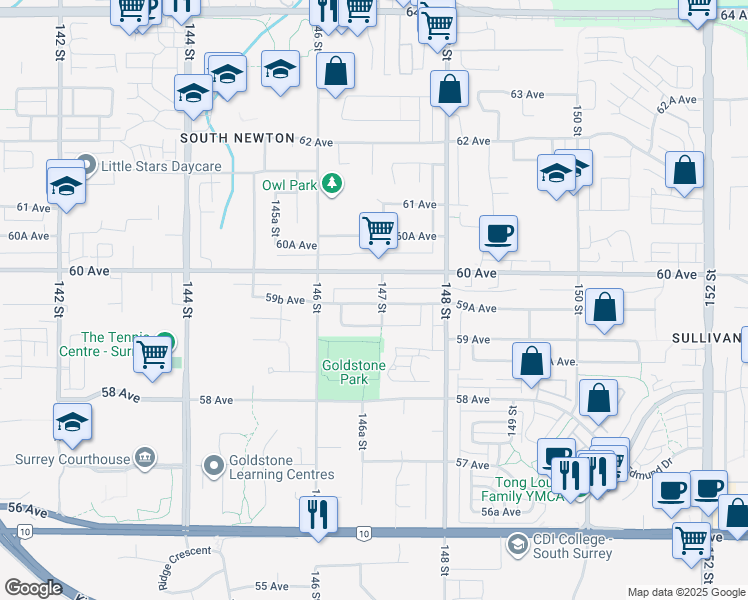 map of restaurants, bars, coffee shops, grocery stores, and more near 14691 59A Avenue in Surrey