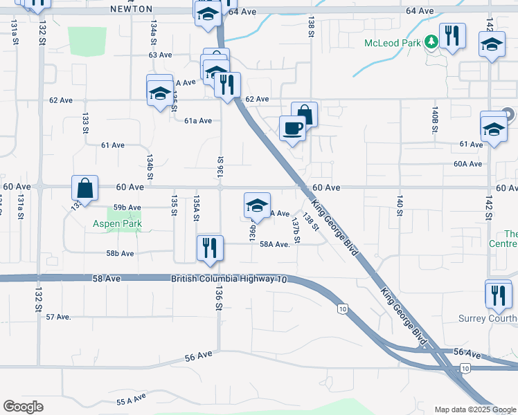 map of restaurants, bars, coffee shops, grocery stores, and more near 13685 59A Avenue in Surrey