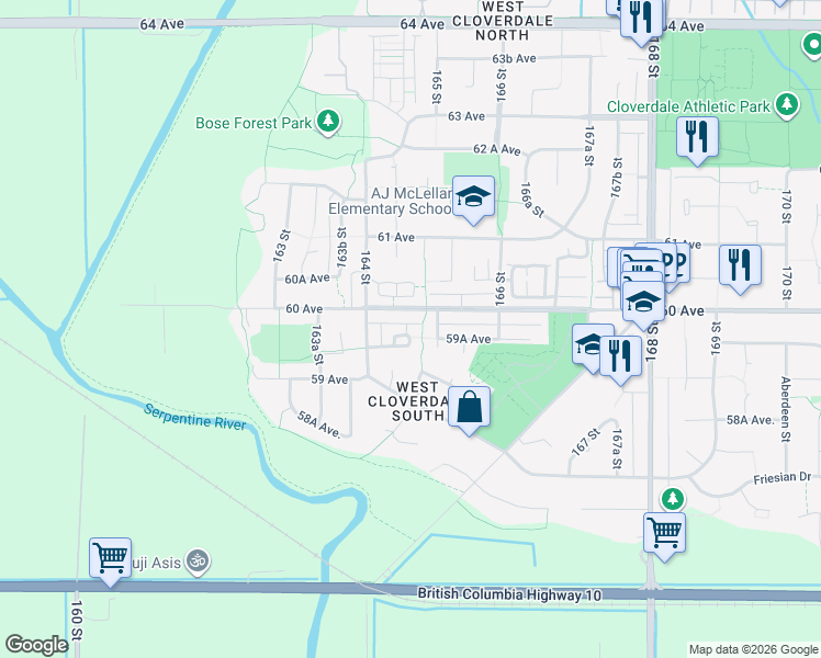map of restaurants, bars, coffee shops, grocery stores, and more near 16459 59A Avenue in Surrey