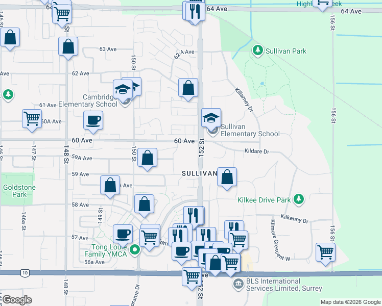 map of restaurants, bars, coffee shops, grocery stores, and more near 5957 152 Street in Surrey