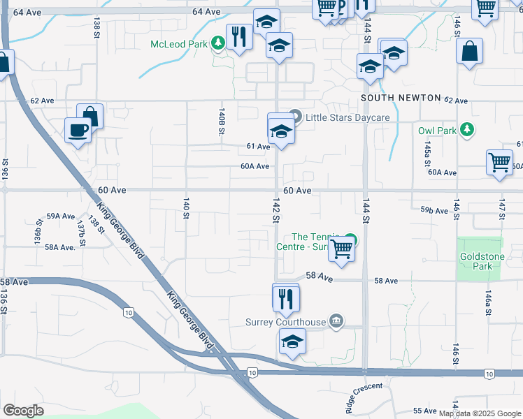 map of restaurants, bars, coffee shops, grocery stores, and more near 14171 59A Avenue in Surrey