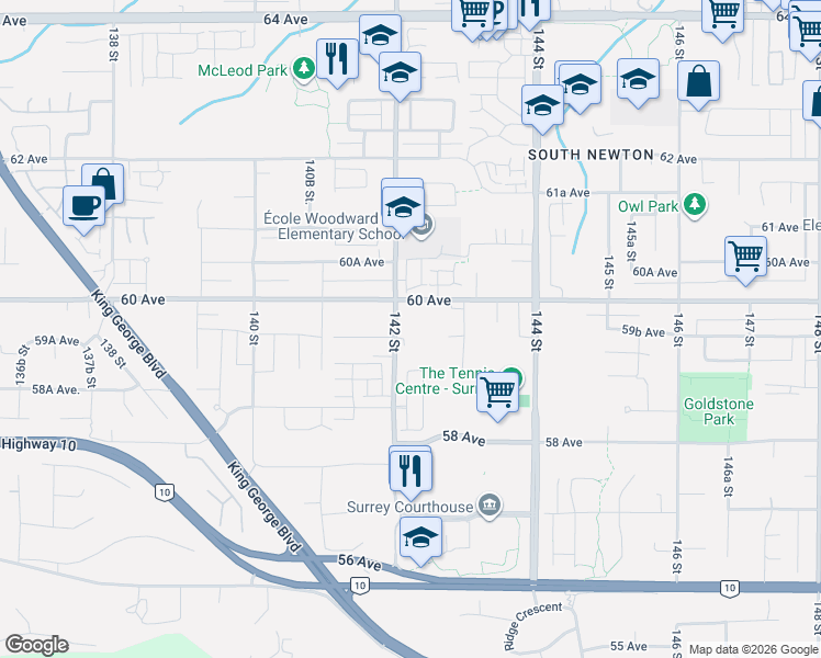 map of restaurants, bars, coffee shops, grocery stores, and more near 5960 142 Street in Surrey