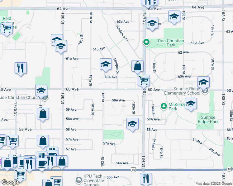 map of restaurants, bars, coffee shops, grocery stores, and more near 18266 60 Avenue in Surrey