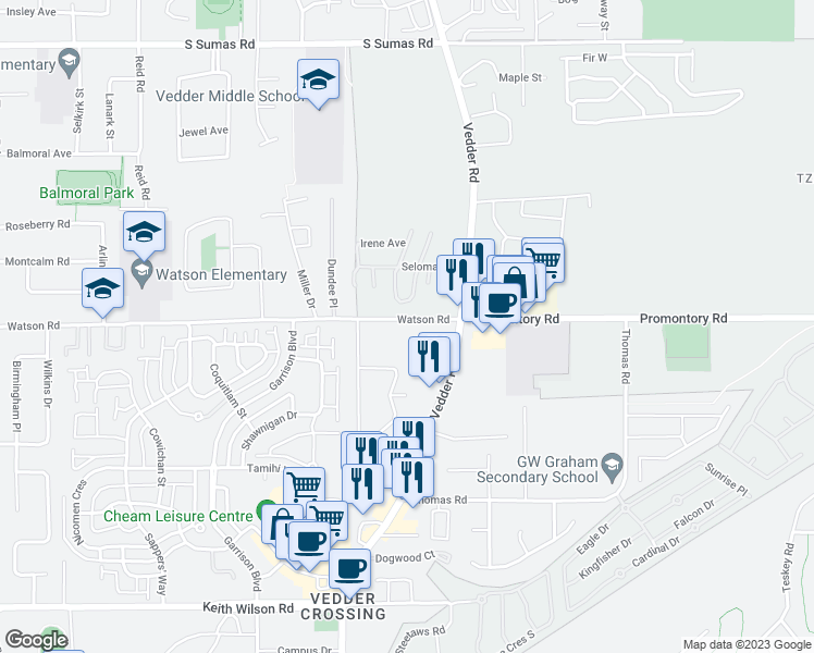 map of restaurants, bars, coffee shops, grocery stores, and more near 45696 Watson Road in Chilliwack