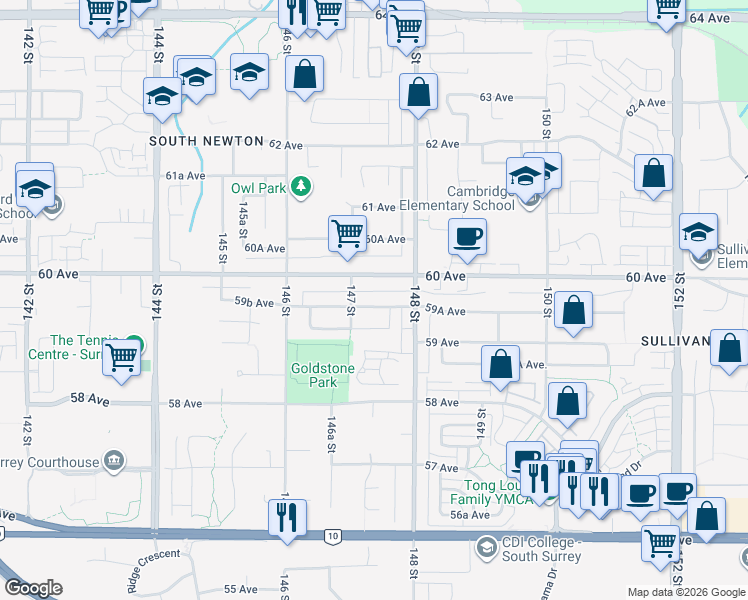map of restaurants, bars, coffee shops, grocery stores, and more near 14731 59A Avenue in Surrey
