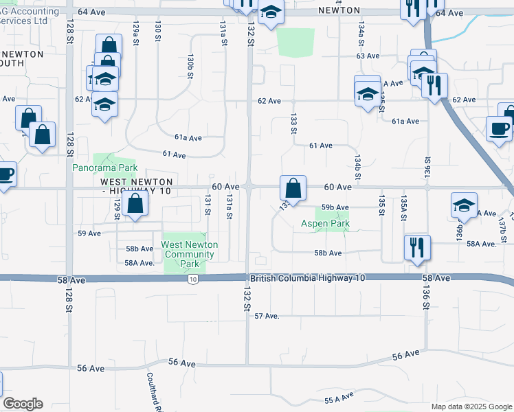 map of restaurants, bars, coffee shops, grocery stores, and more near 5960 132 Street in Surrey