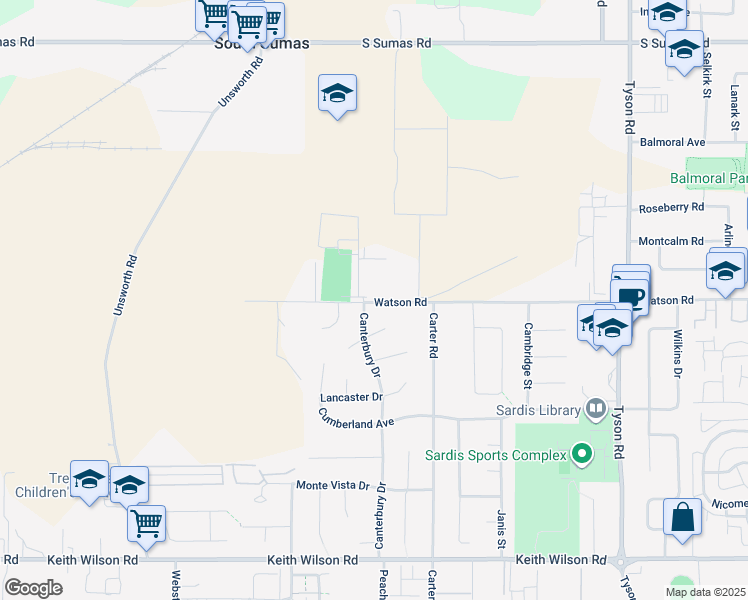 map of restaurants, bars, coffee shops, grocery stores, and more near 44705 Watson Road in Chilliwack