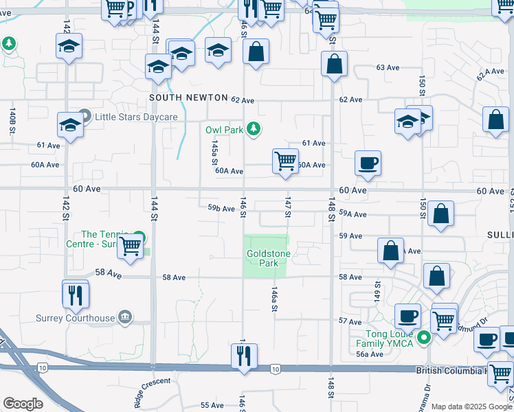map of restaurants, bars, coffee shops, grocery stores, and more near 14635 59A Avenue in Surrey