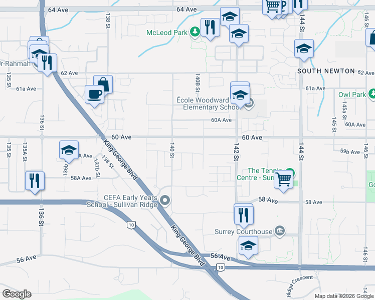 map of restaurants, bars, coffee shops, grocery stores, and more near 14022 60 Avenue in Surrey