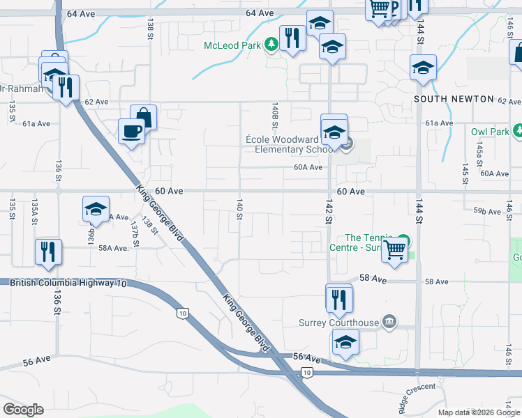 map of restaurants, bars, coffee shops, grocery stores, and more near 14039 59A Avenue in Surrey
