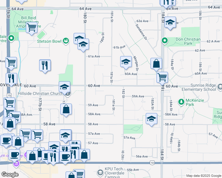 map of restaurants, bars, coffee shops, grocery stores, and more near 18130 60 Avenue in Surrey