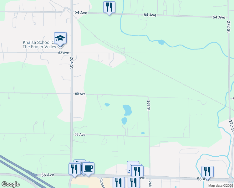 map of restaurants, bars, coffee shops, grocery stores, and more near 26627 60 Avenue in Langley Township
