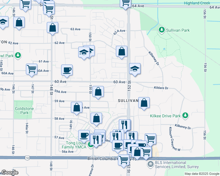 map of restaurants, bars, coffee shops, grocery stores, and more near 5977 151 Street in Surrey