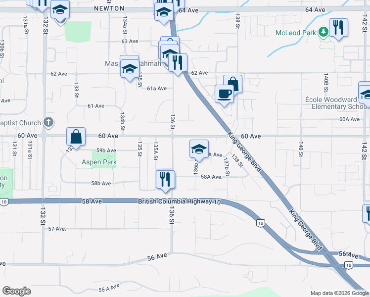 map of restaurants, bars, coffee shops, grocery stores, and more near 5965 136A Street in Surrey