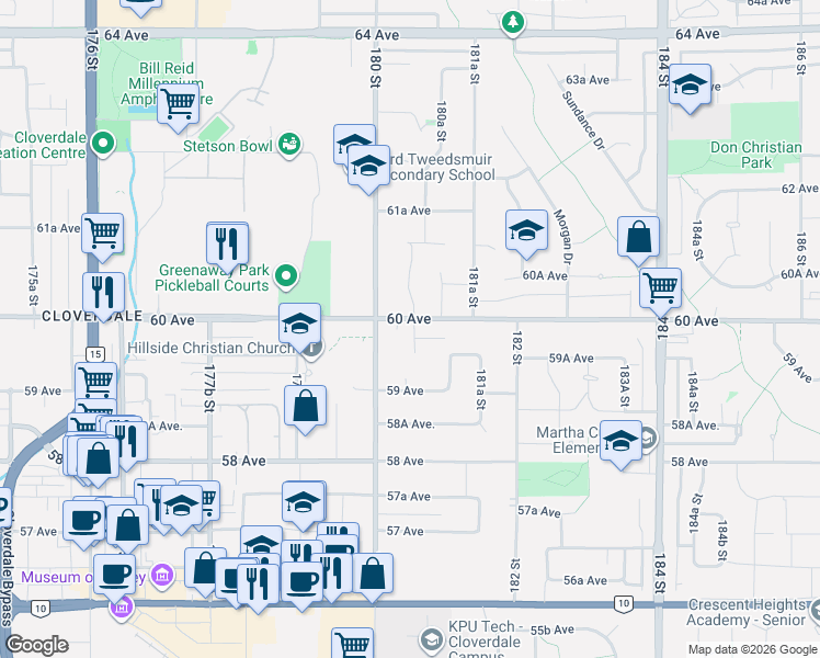 map of restaurants, bars, coffee shops, grocery stores, and more near in Surrey