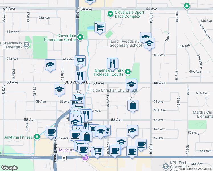map of restaurants, bars, coffee shops, grocery stores, and more near 5977 177B Street in Surrey