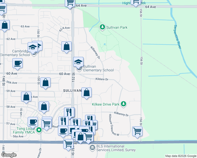 map of restaurants, bars, coffee shops, grocery stores, and more near Kildare Drive in Surrey