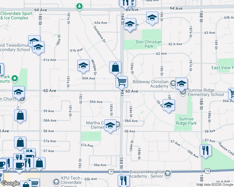map of restaurants, bars, coffee shops, grocery stores, and more near in Surrey